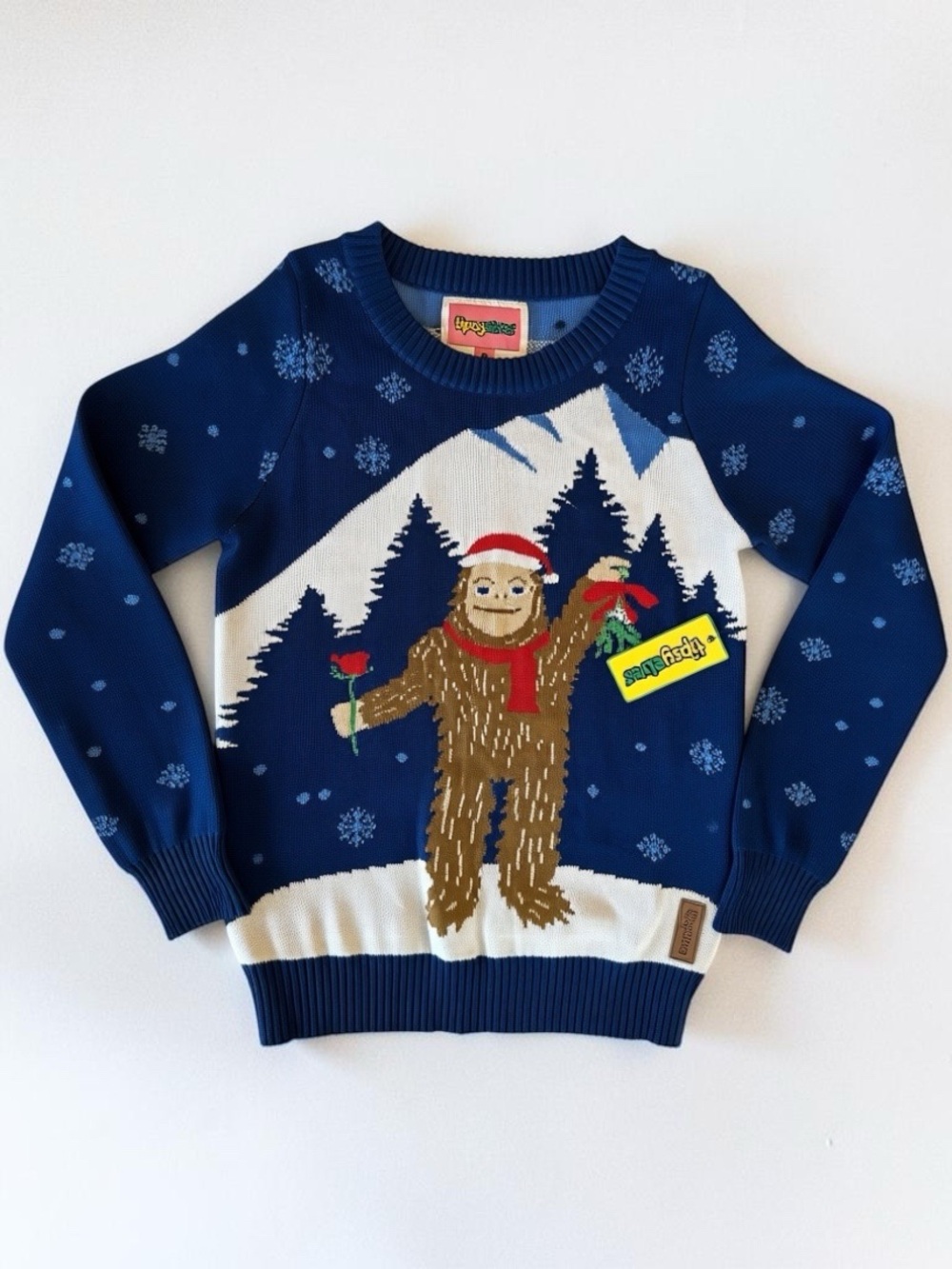 NWT Tipsy Elves Blue Bigfoot Winter Holiday Theme Crewneck Sweater Size Small